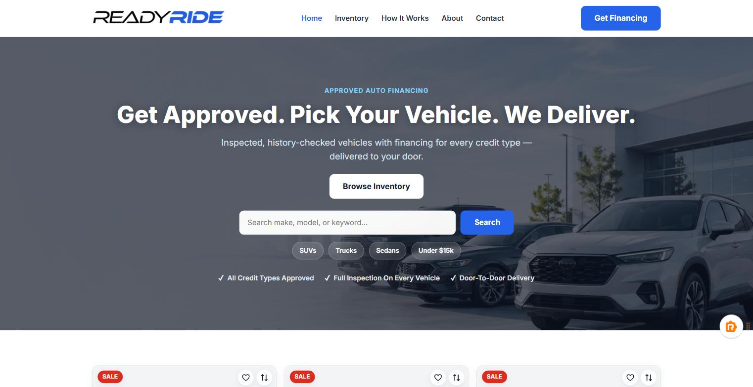 Engineered Dealer homepage on a live dealership: full-bleed hero photo, headline, inventory search bar with body-type quick links, and approval trust badges