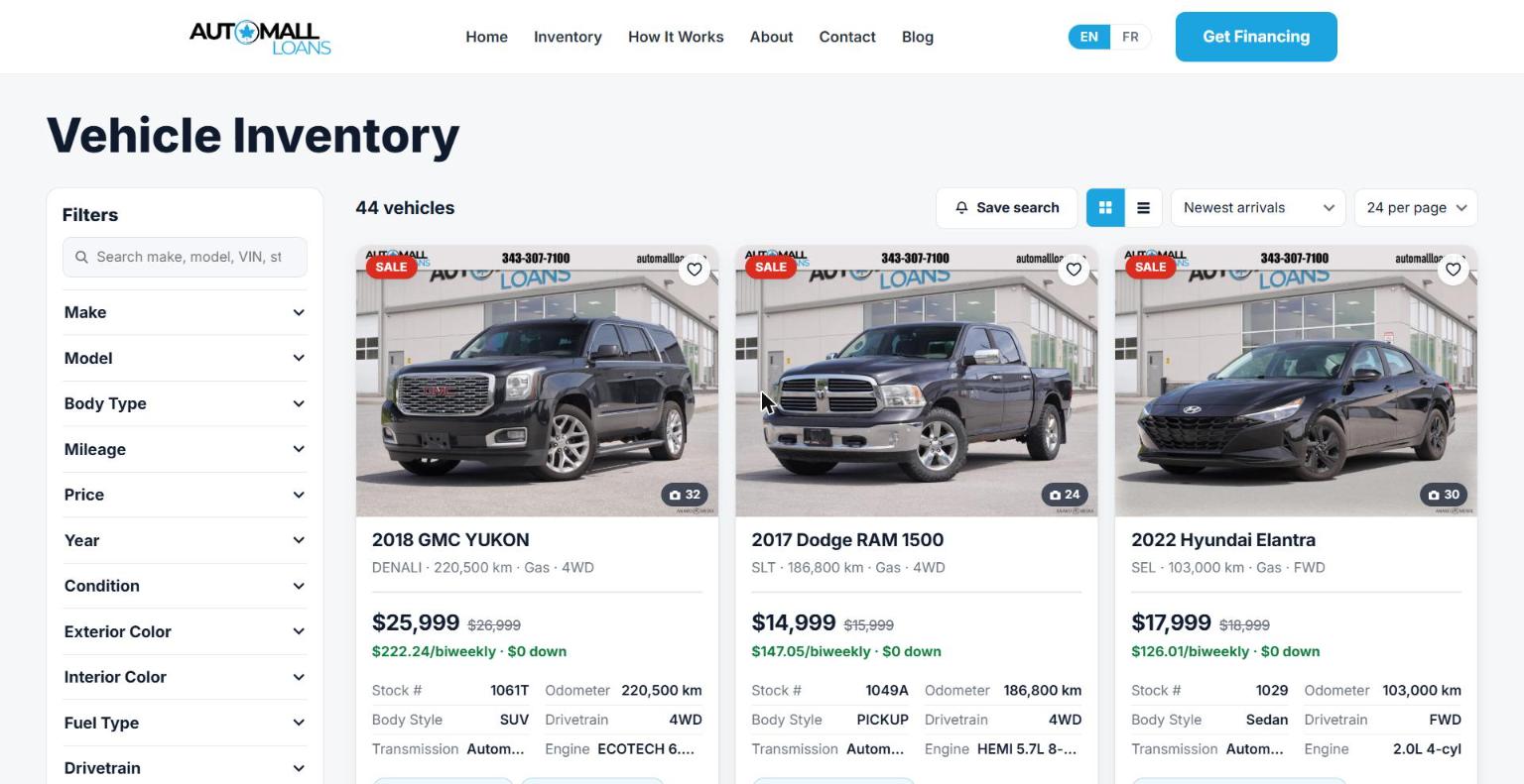 Engineered Inventory search results: 44 vehicles with instant filters, bi-weekly payments and $0-down pricing on every card