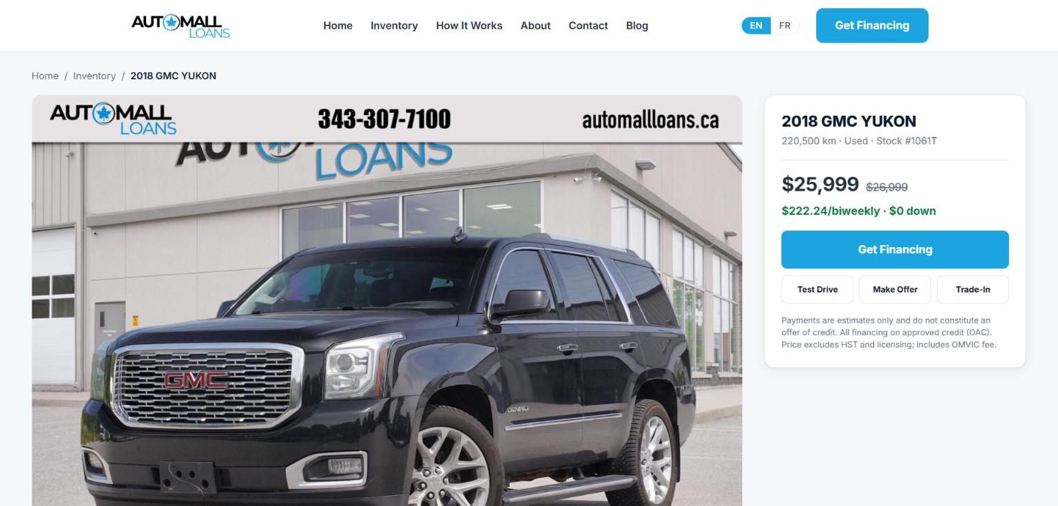 Vehicle detail page for a 2018 GMC Yukon Denali showing price, bi-weekly payment, and Get Financing, Test Drive, Make Offer and Trade-In lead buttons