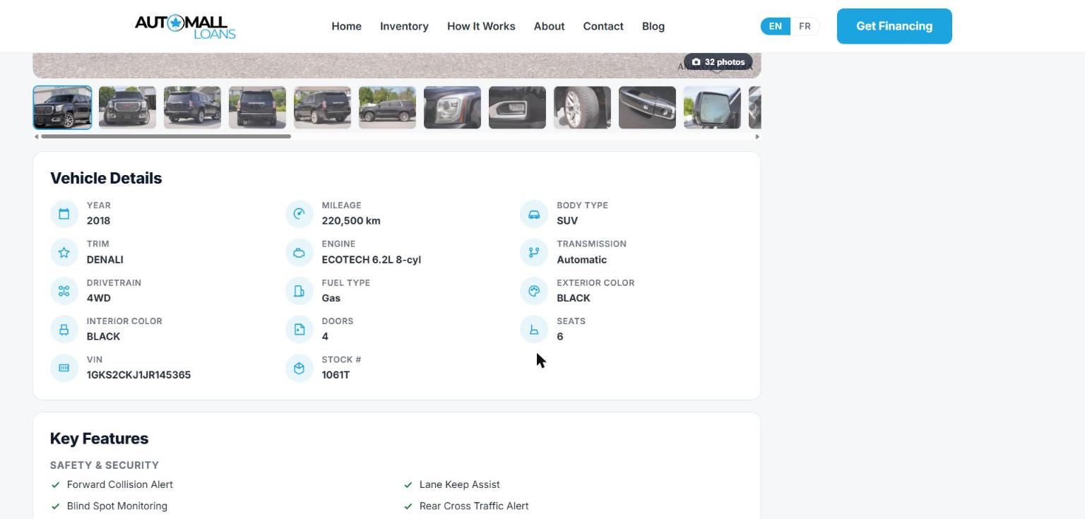Vehicle details panel showing VIN-decoded year, mileage, body type, trim, engine, transmission, drivetrain, colours, doors, seats and stock number, plus a key features list