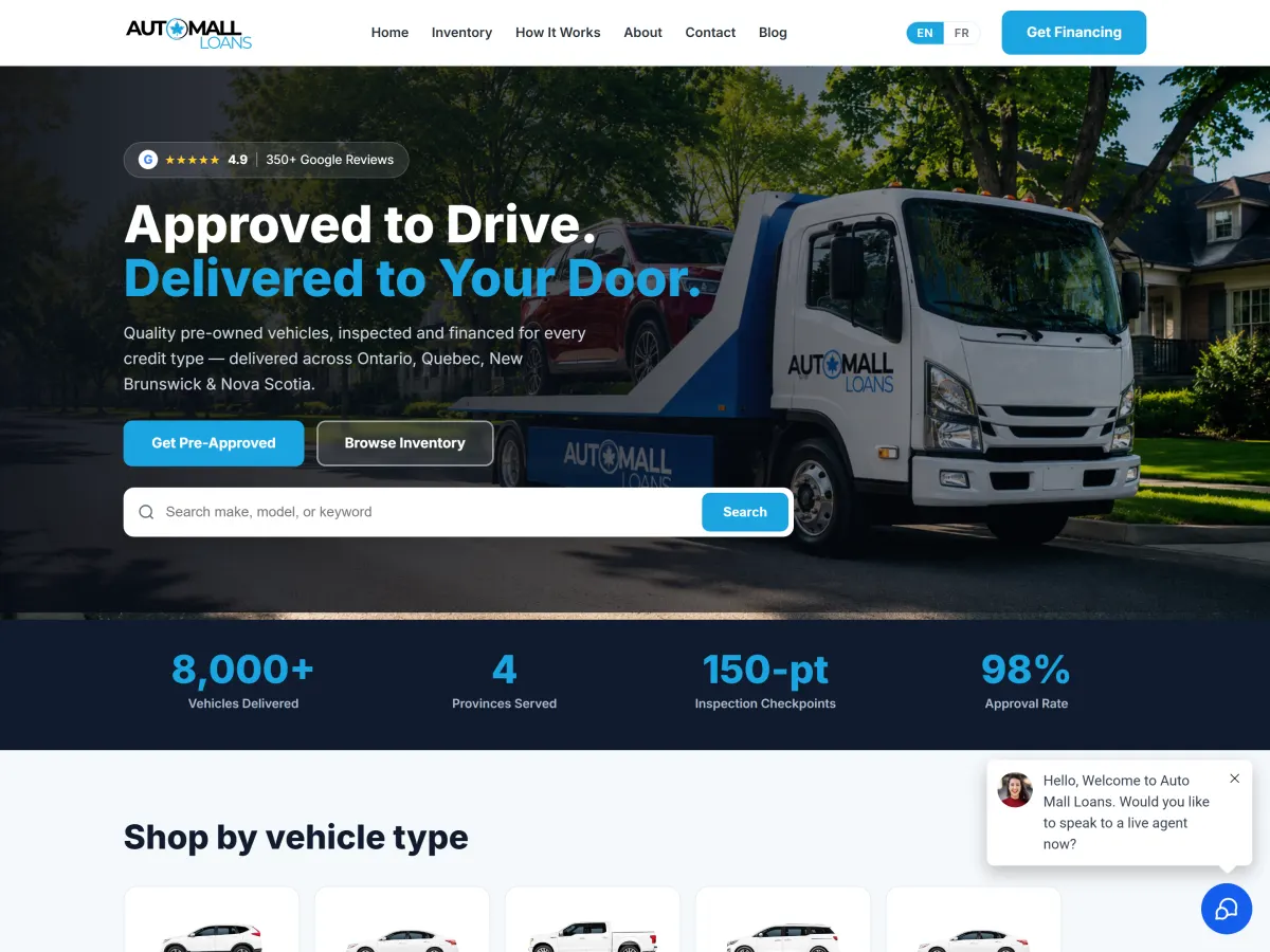 The Auto Mall Loans website, built by Engineered Leads