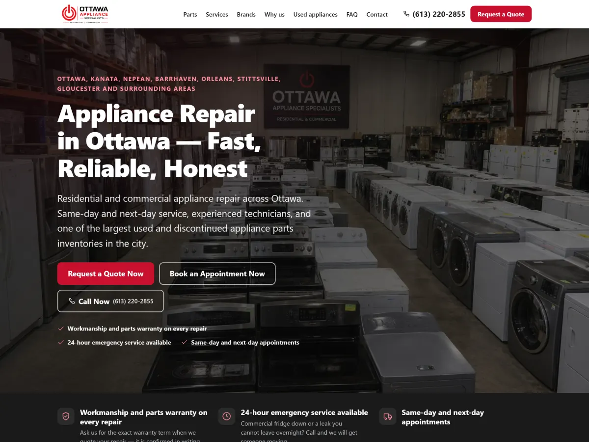 The Ottawa Appliance Specialists website, built by Engineered Leads
