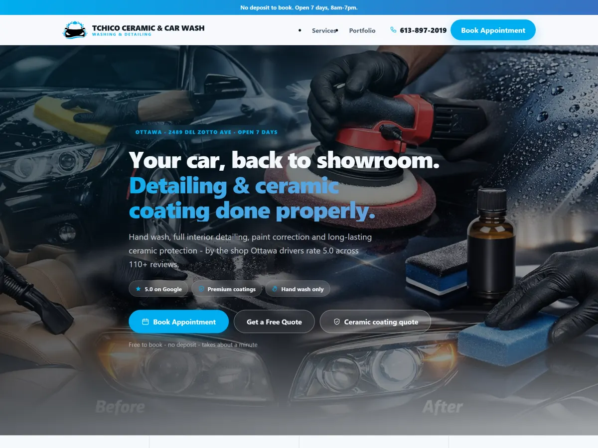 The Tchico Ceramic & Car Wash website, built by Engineered Leads